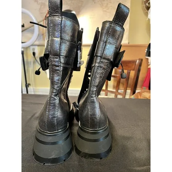DKNY Women’s Basia Buckled Gunmetal Metallic Block-Heel Combat Boots NWT 6.5