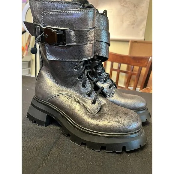 DKNY Women’s Basia Buckled Gunmetal Metallic Block-Heel Combat Boots NWT 6.5