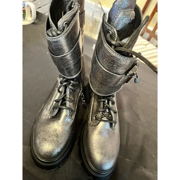 DKNY Women’s Basia Buckled Gunmetal Metallic Block-Heel Combat Boots NWT 6.5