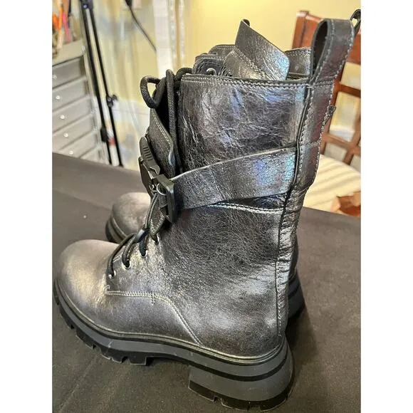 DKNY Women’s Basia Buckled Gunmetal Metallic Block-Heel Combat Boots NWT 6.5