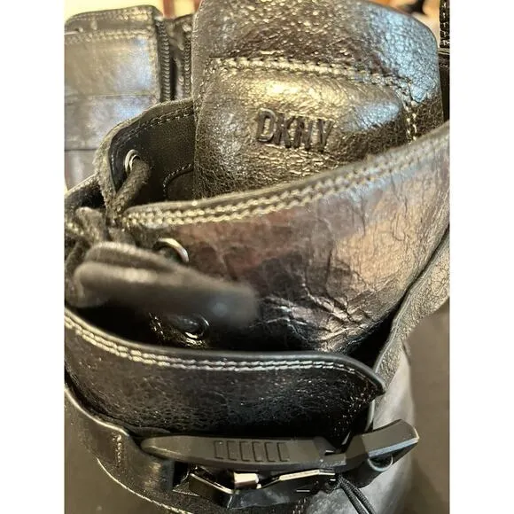 DKNY Women’s Basia Buckled Gunmetal Metallic Block-Heel Combat Boots NWT 6.5
