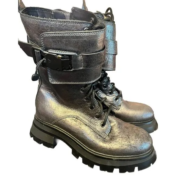 DKNY Women’s Basia Buckled Gunmetal Metallic Block-Heel Combat Boots NWT 6.5