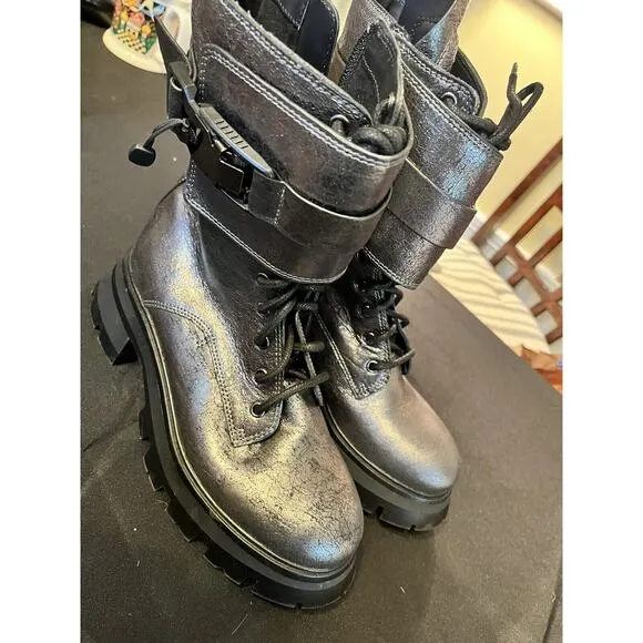 DKNY Women’s Basia Buckled Gunmetal Metallic Block-Heel Combat Boots NWT 6.5