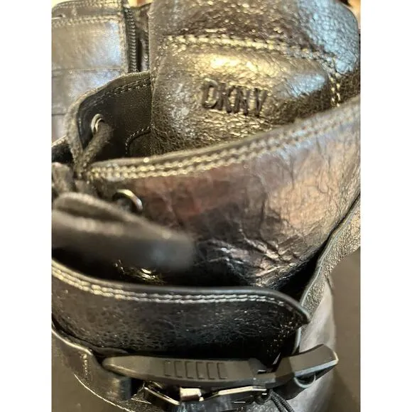 DKNY Women’s Basia Buckled Gunmetal Metallic Block-Heel Combat Boots NWT 6.5