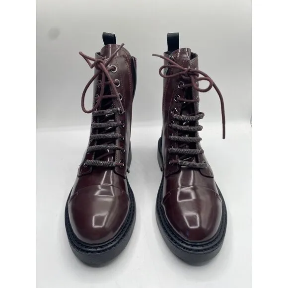 DKNY Women's Brown Malaya Lace Up Leather Zipper Combat Boots Size 8M NWOB