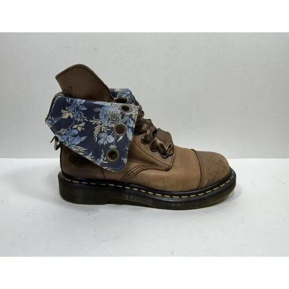 Doc Dr. Martens Aimilie Boots Size 6 Brown Floral Foldover Combat Cap Toe