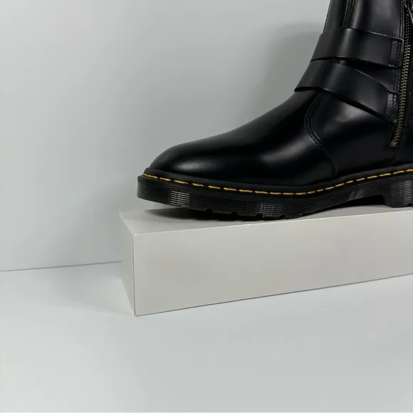 DOC JAIMES LEATHER HARNESS STRAPS CHELSEA BOOTS INNER ANKLE ZIP POLISHED SMOOTH