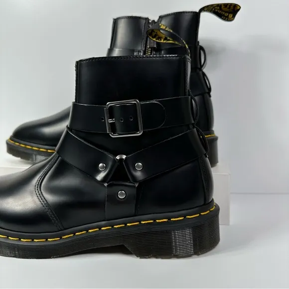 DOC JAIMES LEATHER HARNESS STRAPS CHELSEA BOOTS INNER ANKLE ZIP POLISHED SMOOTH