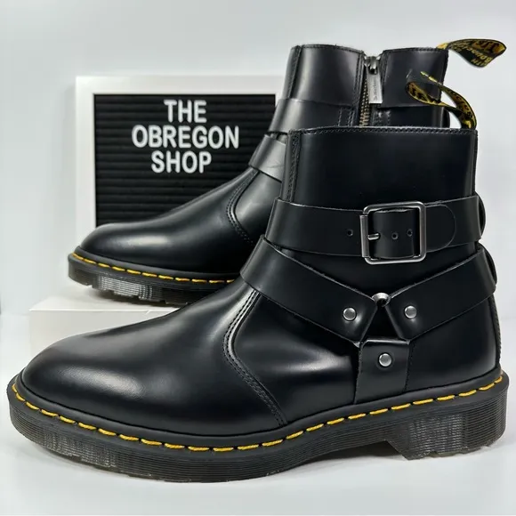 DOC JAIMES LEATHER HARNESS STRAPS CHELSEA BOOTS INNER ANKLE ZIP POLISHED SMOOTH