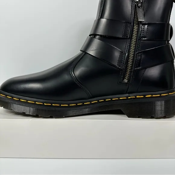 DOC JAIMES LEATHER HARNESS STRAPS CHELSEA BOOTS INNER ANKLE ZIP POLISHED SMOOTH