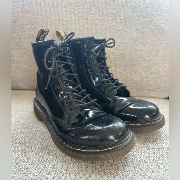 Doc Martens Kids Patent Leather Black Combat Boots Size 3