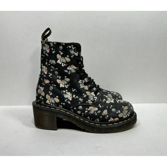 Doc Dr. Martens Lynn Womens Sz 6 Floral Fabric Canvas Heeled Combat Ankle Boots