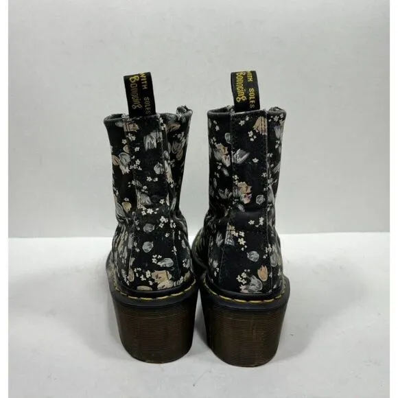Doc Dr. Martens Lynn Womens Sz 6 Floral Fabric Canvas Heeled Combat Ankle Boots