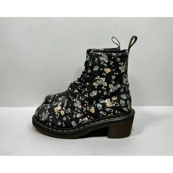 Doc Dr. Martens Lynn Womens Sz 6 Floral Fabric Canvas Heeled Combat Ankle Boots