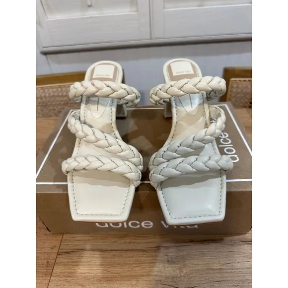 Dolce Vita Pang Heeled Sandals Ivory Stella Size 8 NIB Braided Slip On Strappy