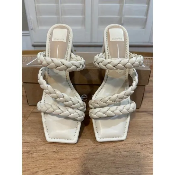 Dolce Vita Pang Heeled Sandals Ivory Stella Size 8 NIB Braided Slip On Strappy