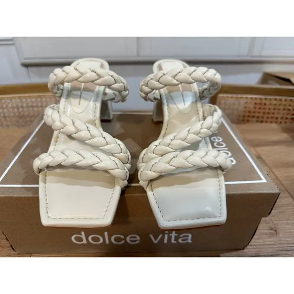 Dolce Vita Pang Heeled Sandals Ivory Stella Size 8 NIB Braided Slip On Strappy