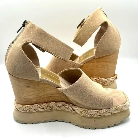 DOLCE VITA Parle Suede Ankle Strap Wedge Sandals Back Zip in Biscuit Size 7.5