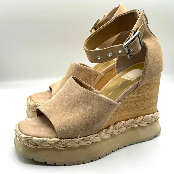 DOLCE VITA Parle Suede Ankle Strap Wedge Sandals Back Zip in Biscuit Size 7.5