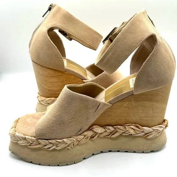DOLCE VITA Parle Suede Ankle Strap Wedge Sandals Back Zip in Biscuit Size 7.5
