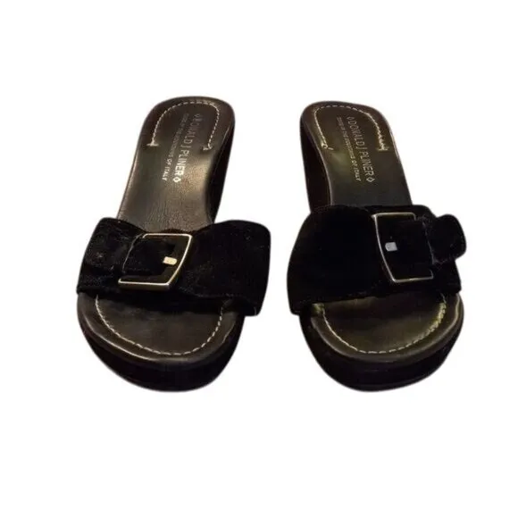 Donald J Pliner 9 M Womens Wedge Sandals Black Leather Suede Slide Buckle Italy