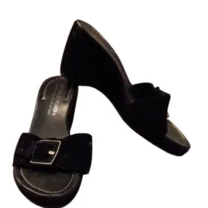 Donald J Pliner 9 M Womens Wedge Sandals Black Leather Suede Slide Buckle Italy