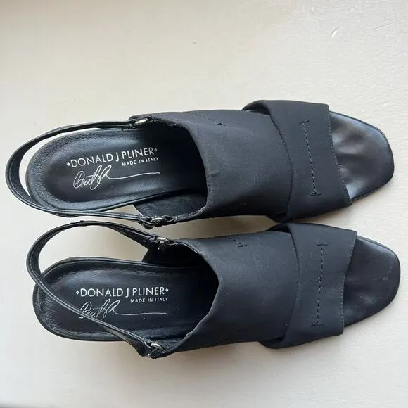 Donald J Pliner Black Stretch Fabric Heeled Slingback Italian Sandals Women 8.5