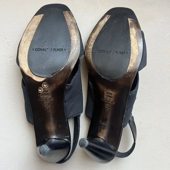 Donald J Pliner Black Stretch Fabric Heeled Slingback Italian Sandals Women 8.5