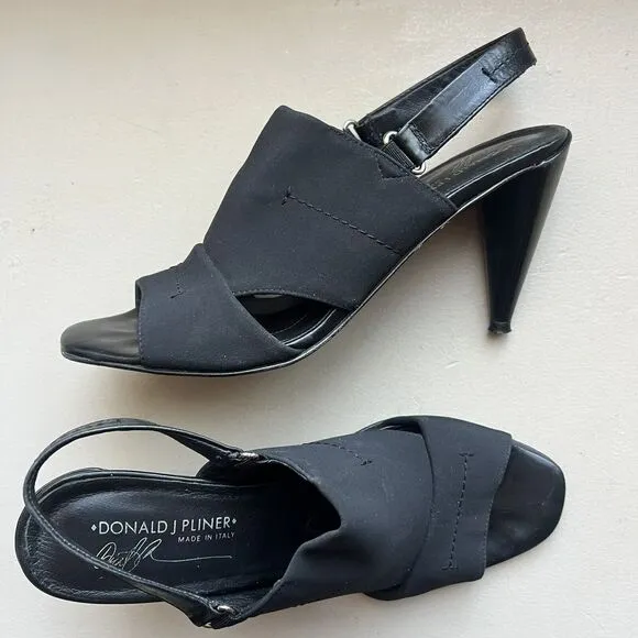 Donald J Pliner Black Stretch Fabric Heeled Slingback Italian Sandals Women 8.5