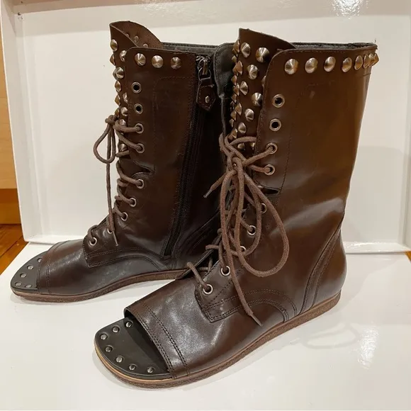 Donald J Pliner Ghalib Womens Brown Leather Studded Boots 7.5 Open Toe Combat