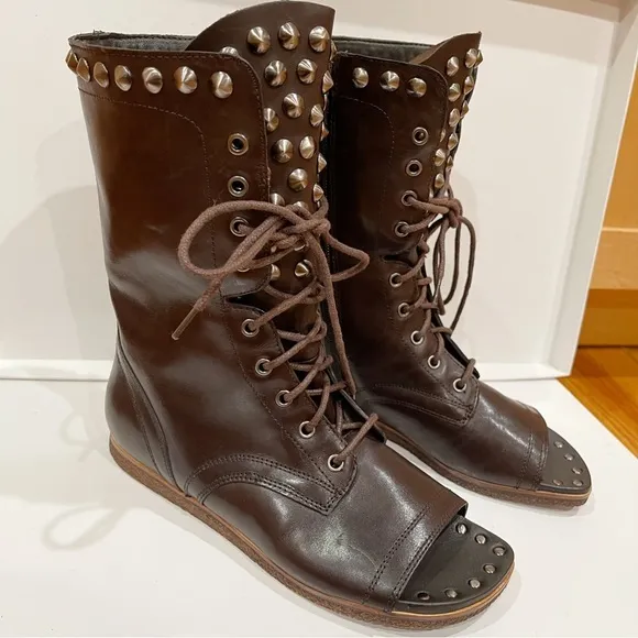 Donald J Pliner Ghalib Womens Brown Leather Studded Boots 7.5 Open Toe Combat