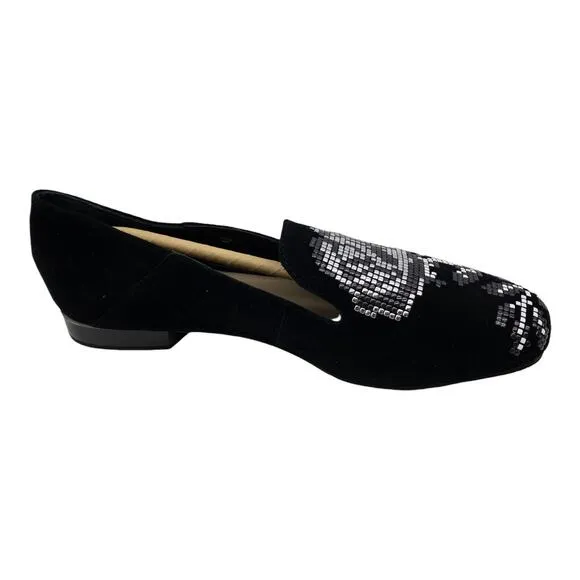 DONALD PLINER Black Hiro Studded Floral Rose Loafer Flats 6 Women's
