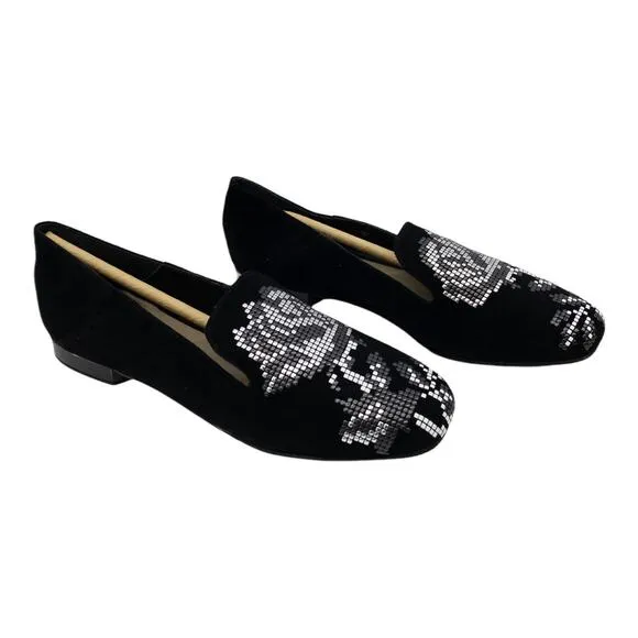 DONALD PLINER Black Hiro Studded Floral Rose Loafer Flats 6 Women's