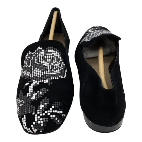 DONALD PLINER Black Hiro Studded Floral Rose Loafer Flats 6 Women's