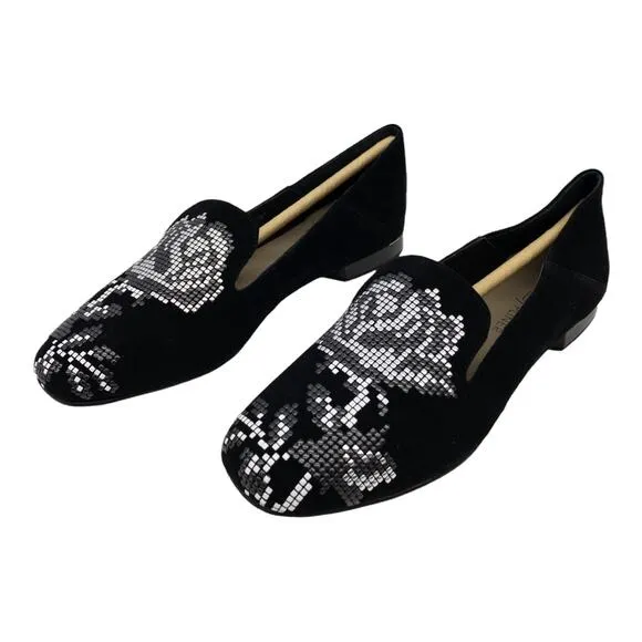 DONALD PLINER Black Hiro Studded Floral Rose Loafer Flats 6 Women's