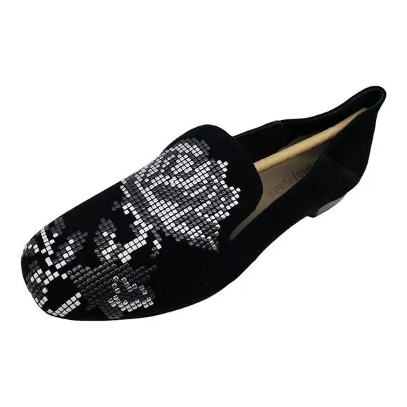 DONALD PLINER Black Hiro Studded Floral Rose Loafer Flats 6 Women's