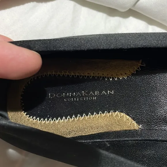 Donna Karen Collection 8.5 black satin flats w/gold exaggerated toes bows NWT