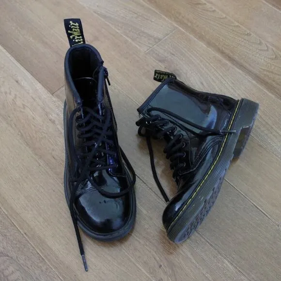 Dr. Doc Martens Air Walk Black Combat Lace Up Boots Patent Black Kids Size 1