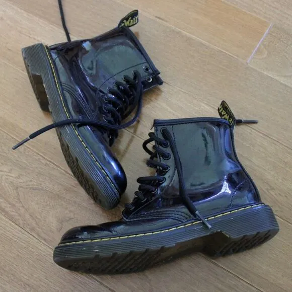 Dr. Doc Martens Air Walk Black Combat Lace Up Boots Patent Black Kids Size 1
