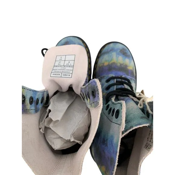 Dr Doc Martens Combat Boots Pascal Blue 1460 Tumbled Tie Dye Womens US 6
