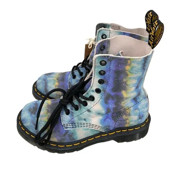 Dr Doc Martens Combat Boots Pascal Blue 1460 Tumbled Tie Dye Womens US 6