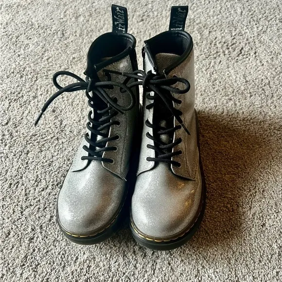 Dr Doc Martens Girls Size 3 Zavala Silver Glitter Leather Zip Combat Boots Kids