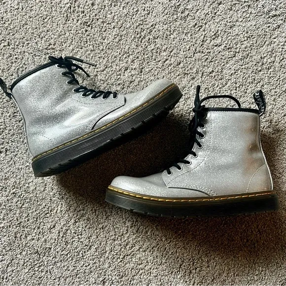 Dr Doc Martens Girls Size 3 Zavala Silver Glitter Leather Zip Combat Boots Kids