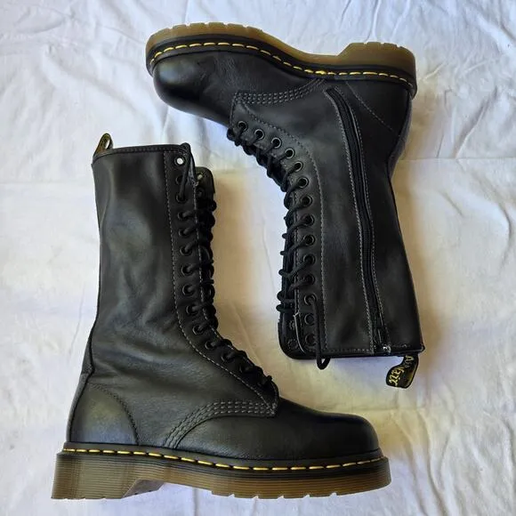 Dr Martens 10183 Women's Leather 14 Eye Combat Lace Up/Zip Boots Black Size 6