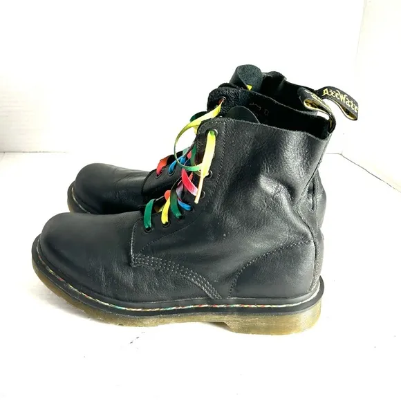 Dr Martens 1460 Pascal Rainbow Stitch Black Leather Boots Womens Size 9 Combat