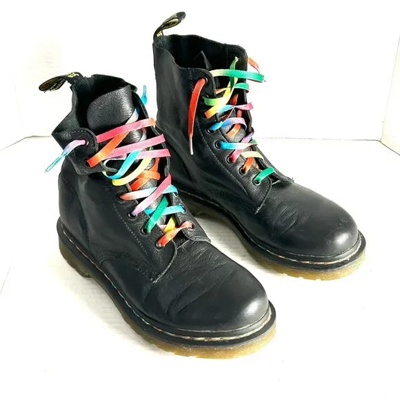 Dr Martens 1460 Pascal Rainbow Stitch Black Leather Boots Womens Size 9 Combat