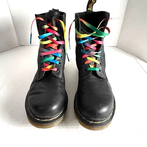 Dr Martens 1460 Pascal Rainbow Stitch Black Leather Boots Womens Size 9 Combat