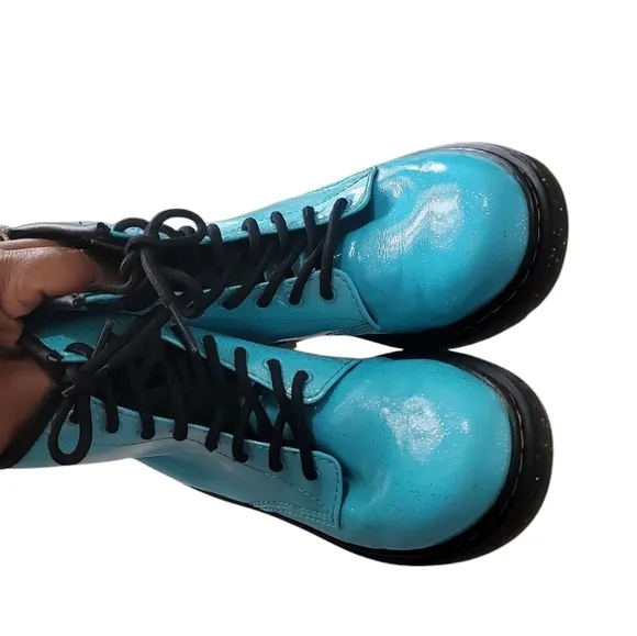 Dr Martens 1460 Turquoise Patent Leather Glitter Combat Boots Size 4 M
