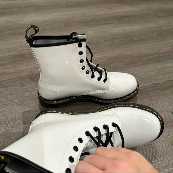 Dr Martens 1460 White Patent Leather Lace Up Combat Boots
