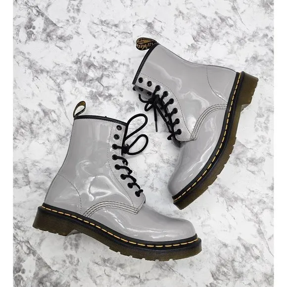 Dr. Martens 27635 Gray Patent Leather Women's Combat Boots Size 7